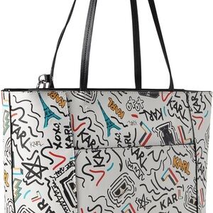 Karl Lagerfeld White Graffiti-Print Tote with Black Handles
